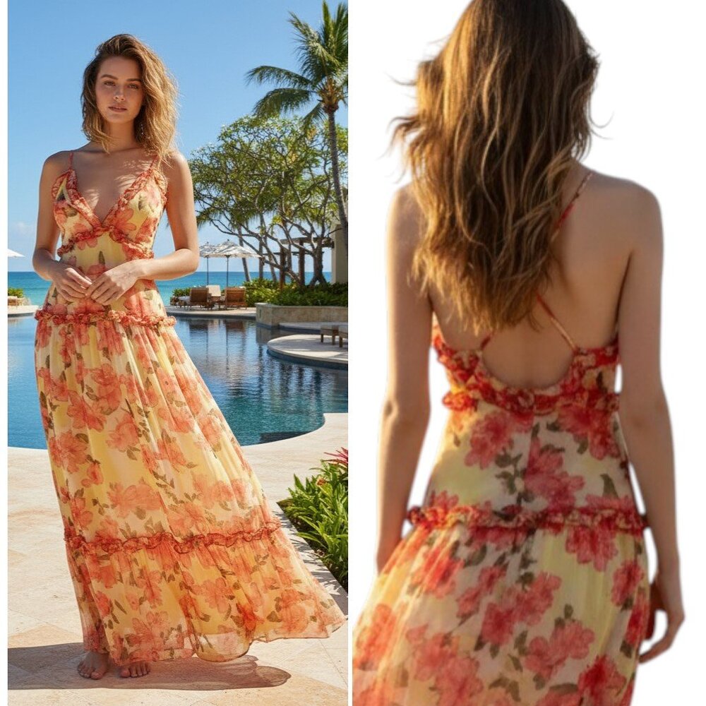 L'Atiste Chiffon Maxi Dress Wmn's Sz L Tiered Tropical Floral Babydoll Sundress